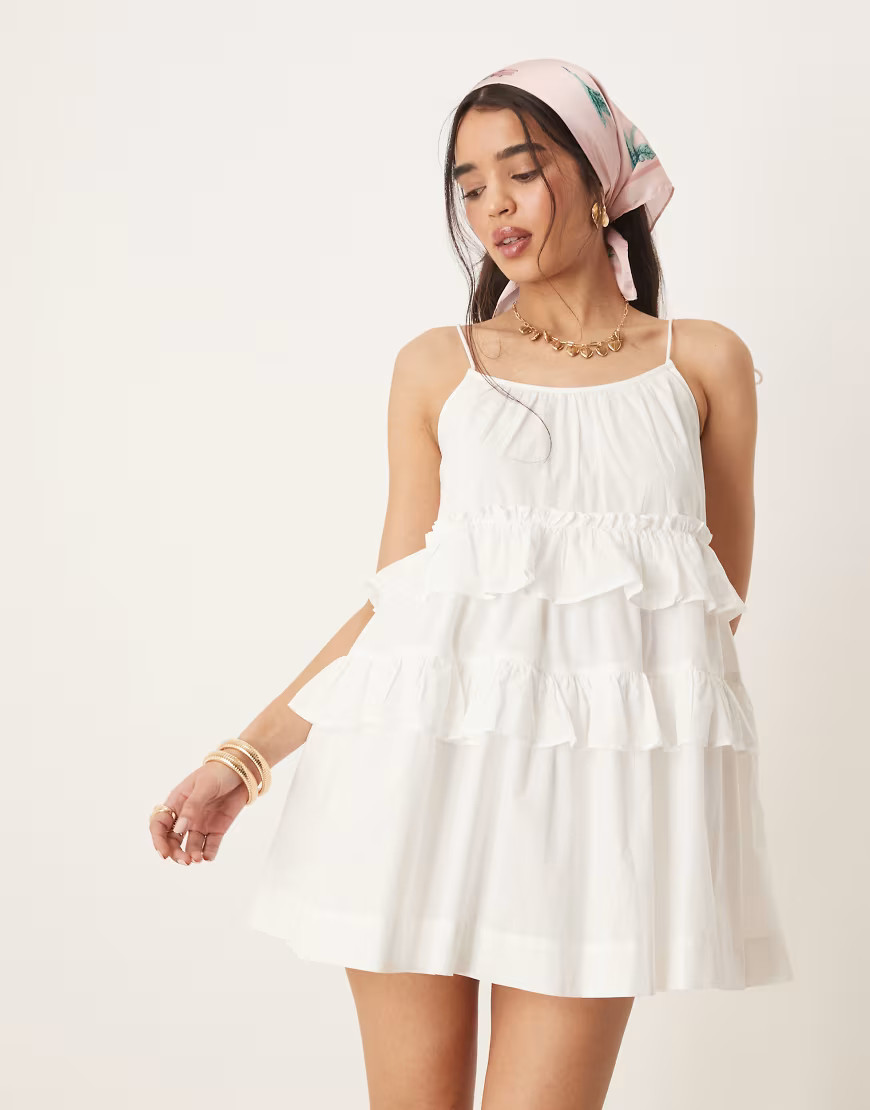 ASOS DESIGN ruffle tiered mini dress in white | ASOS (Global)