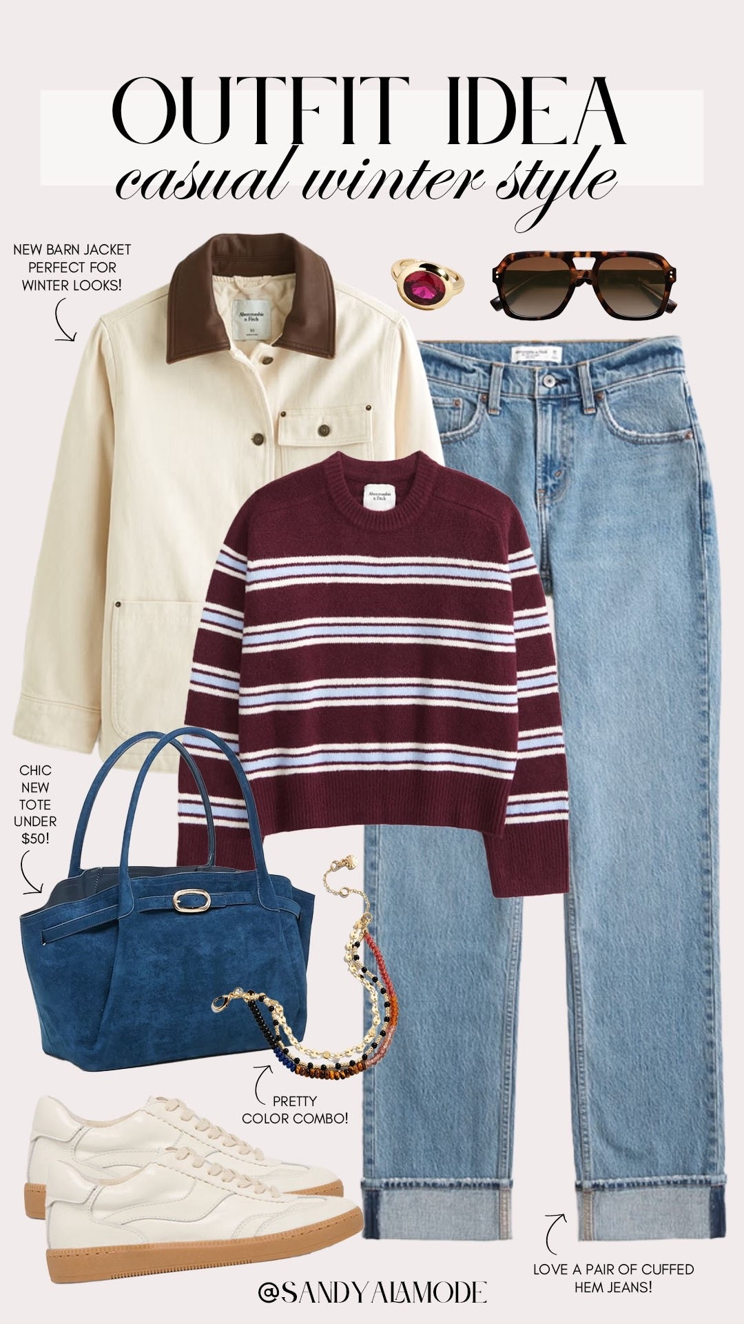 Causal winter outfit idea. Winter to spring outfit idea. Abercrombie new arrivals. Abercrombie denim. Burgundy and blue winter style. Trendy winter style. Blue suede tote bag. Ivory winter style. Trending winter outfit idea. Trending winter barn jacket. Spring barn jacket. Trendy casual outfit  

#LTKFindsUnder100 #LTKFindsUnder50 #LTKSeasonal