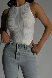 Louisa Recycled Sleeveless Knit Bodysuit - White | MESHKI US