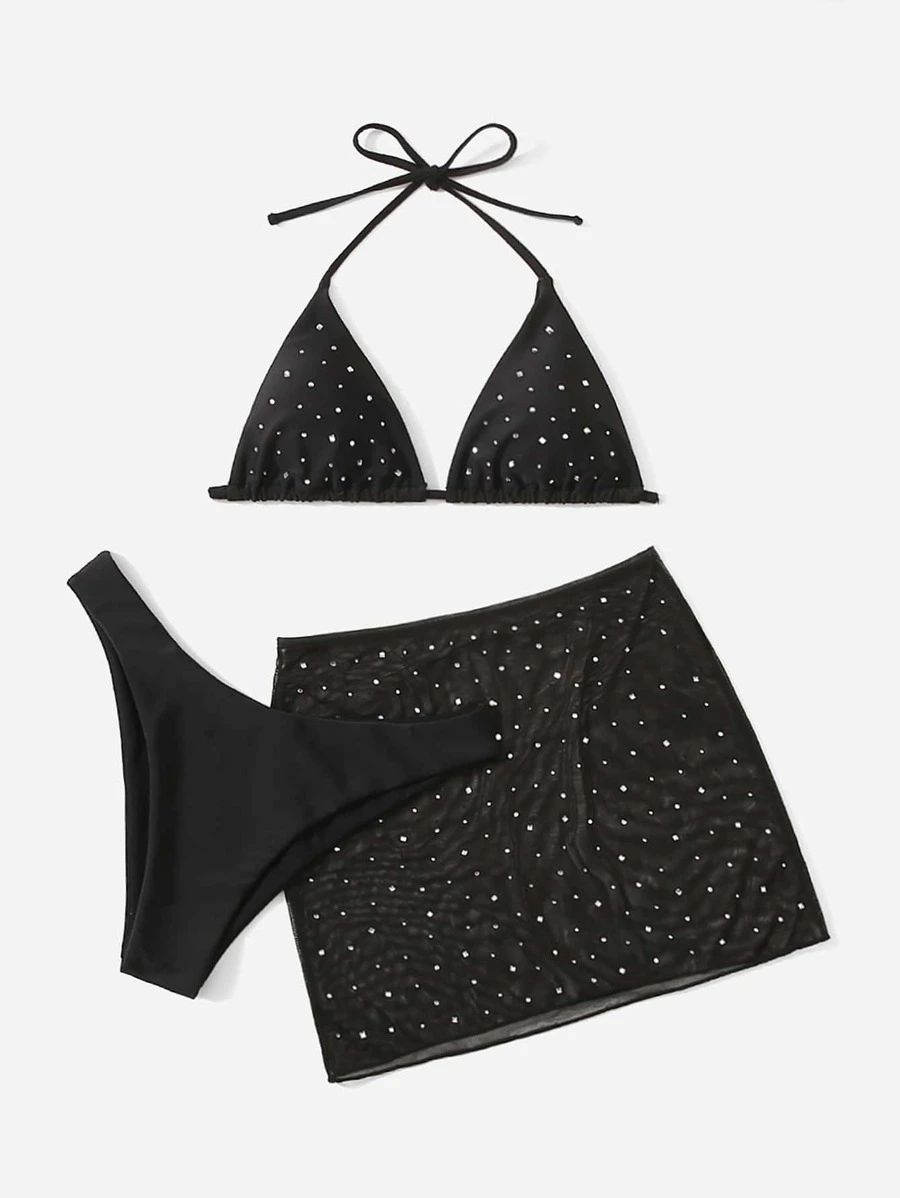3pack Rhinestone Studded Halter Bikini Swimsuit & Beach Skirt
   
      SKU: sw2111199836160500
 ... | SHEIN