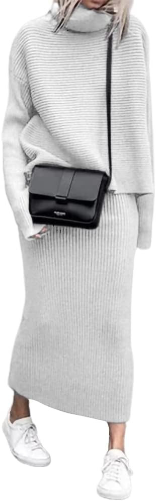 chouyatou Women's Turtleneck 2 Piece Outfits Ribbed Knit Sweater Midi Pencil Skirt Set | Amazon (US)
