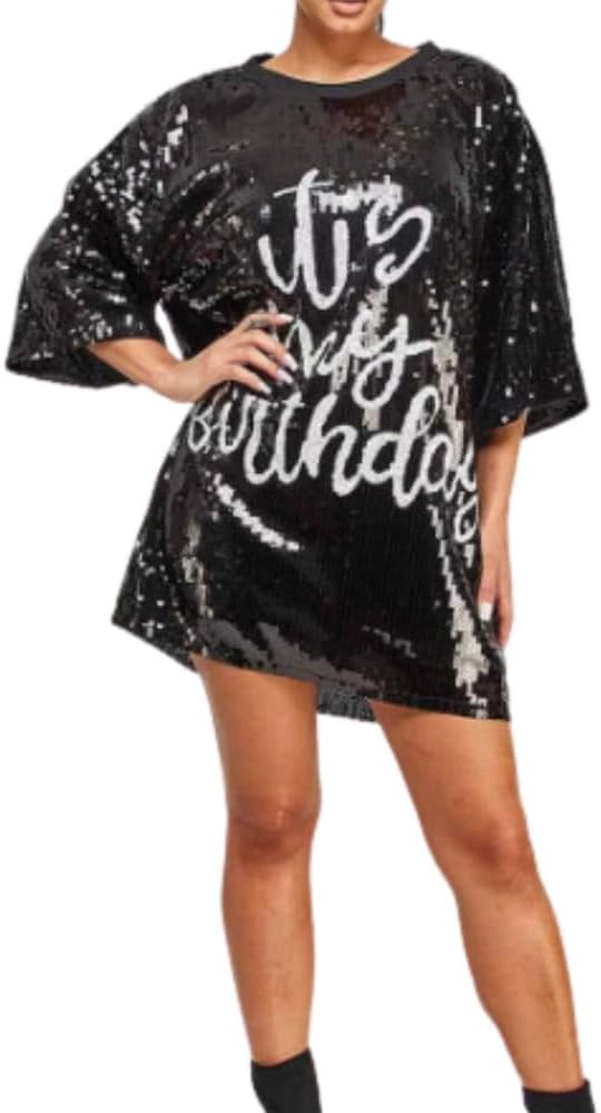 Jaytep Women's Sequin T Shirt Dress It's My Birthday One Size Fits All (Sequin One Side) | Amazon (US)
