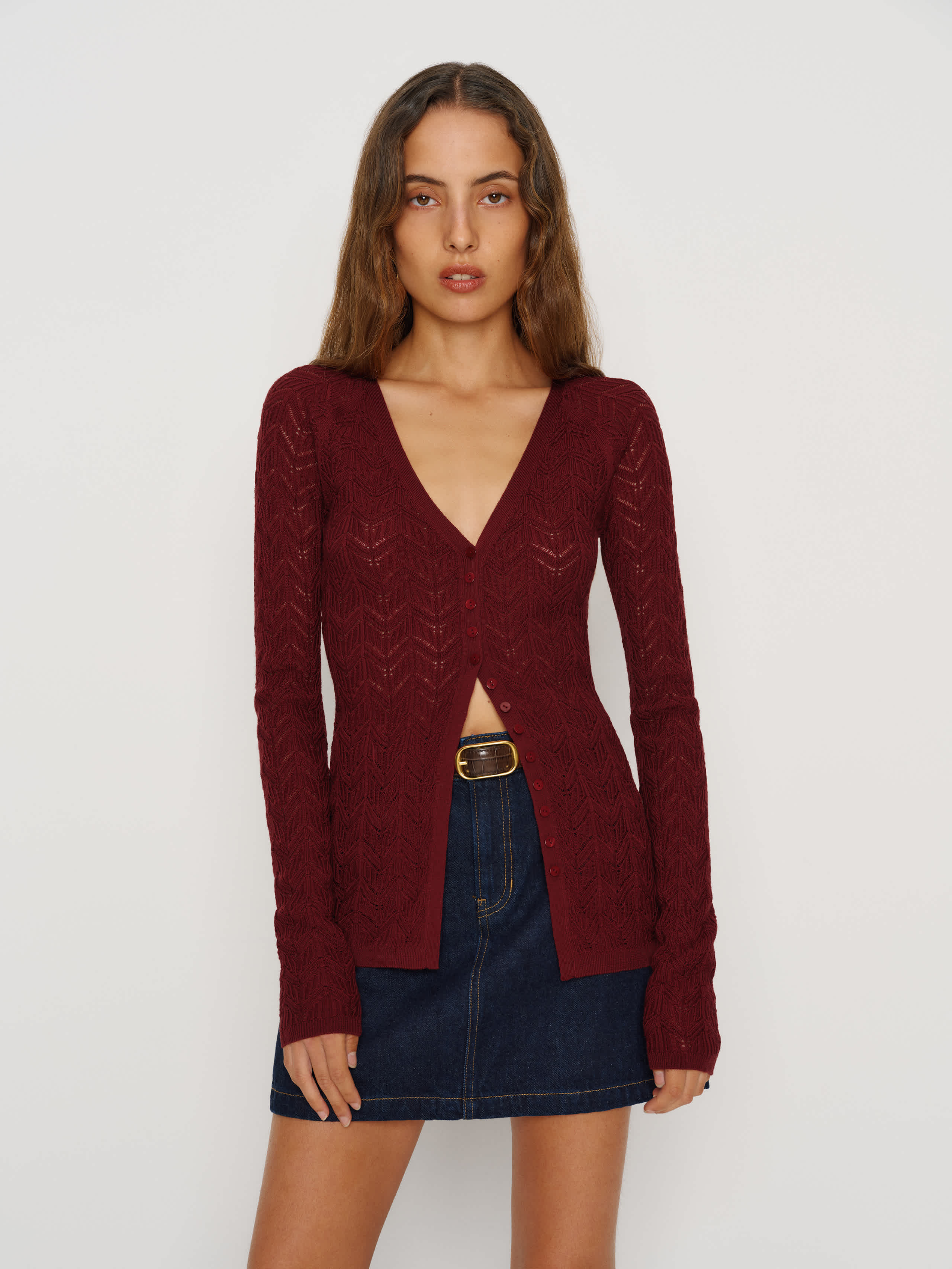 Reformation Sutton Regenerative Merino Open Knit Sweater Red Medium | Reformation (Global)