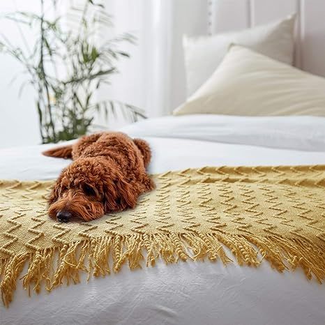 NexHome Throw Blankets Yellow Decorative Knit Blanket with Tassel Soft Lightweight Zigzag Texture... | Amazon (US)