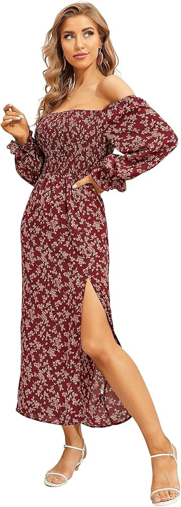 Floerns Women's Boho Floral Print Square Neck Flounce Sleeve A Line Long Dress | Amazon (US)