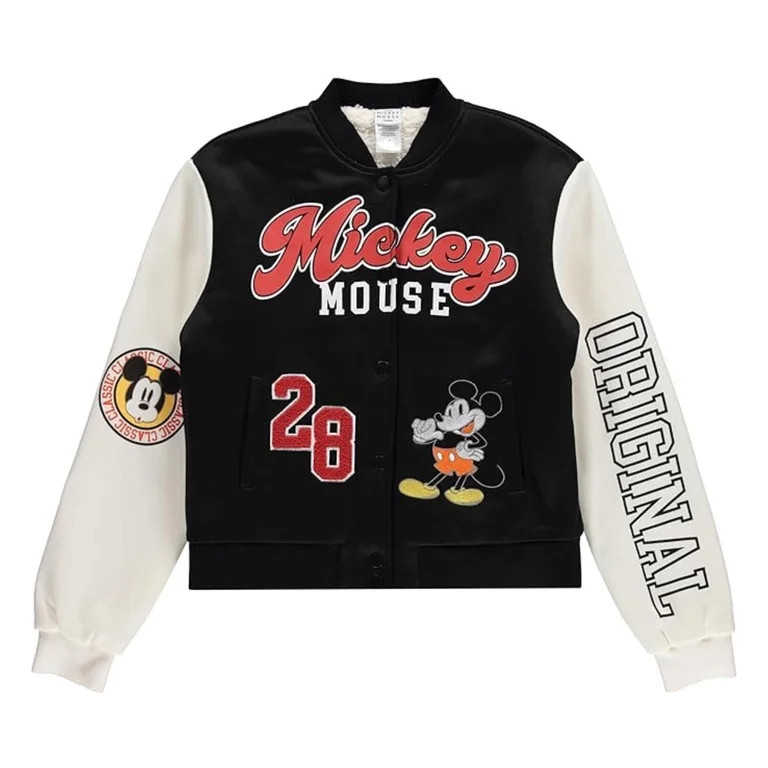 Disney Women’s Mickey Mouse Bomber Jacket, Modern Casual Varsity Jacket Black Ivory - S | Walmart (US)