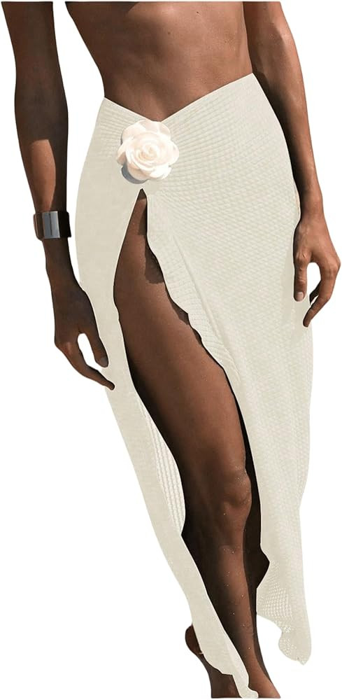 QJQ Women's Bathing Suit Cover Up Skirt 3D Floral Crochet Coverups High Slit Swimsuit Coverup Bea... | Amazon (US)
