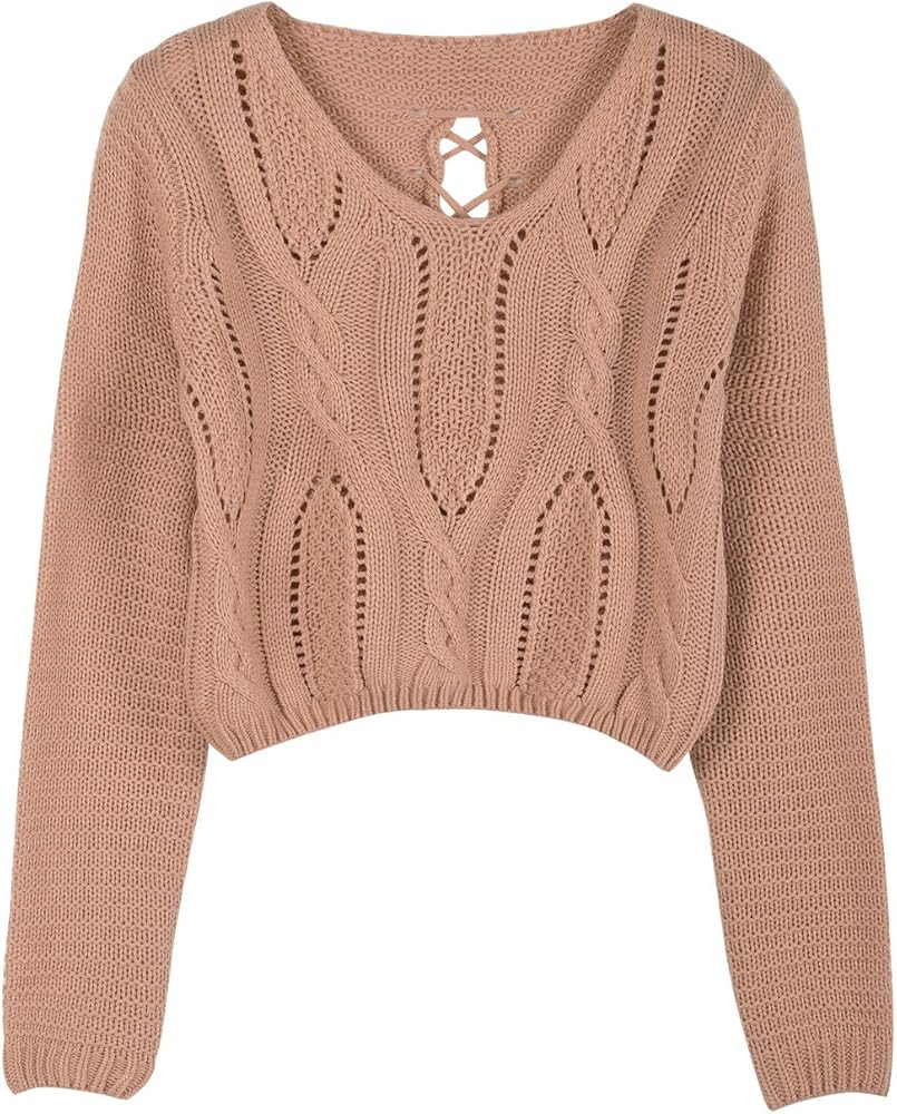 PrettyGuide Women's Cropped Sweater Long Sleeve Eyelet Cable Lace Up Goth Crop Tops | Amazon (US)