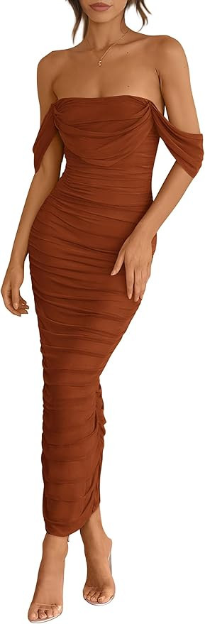 PRETTYGARDEN Womens 2026 Summer Off The Shoulder Dress Ruched Bodycon Sleeveless Split Cocktail P... | Amazon (US)