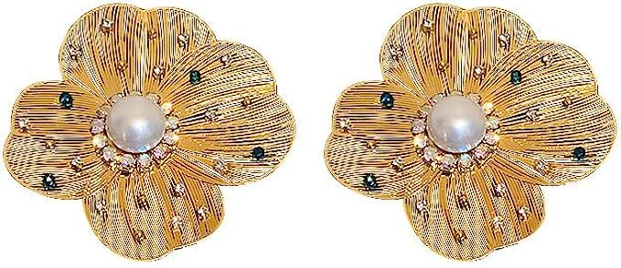 Flower Pearl Stud Earrings Dangle for Women Girls Trendy, Crystal Rhinestone Cubic Zirconia State... | Amazon (US)