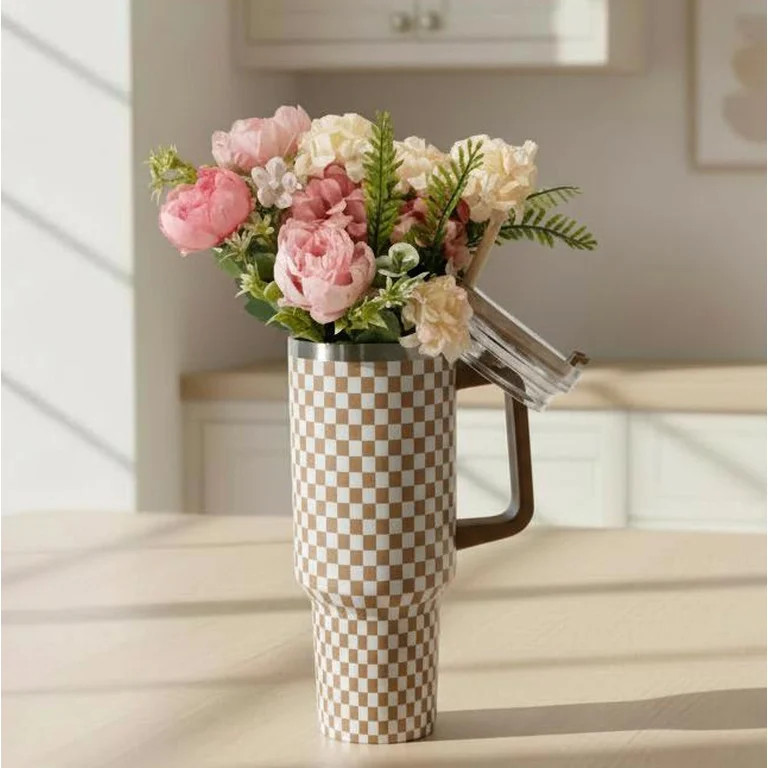 Checkered Tumbler and Artificial Flower Gift Set, Pink, 40 oz, Mother's Day by Way To Celebrate | Walmart (US)