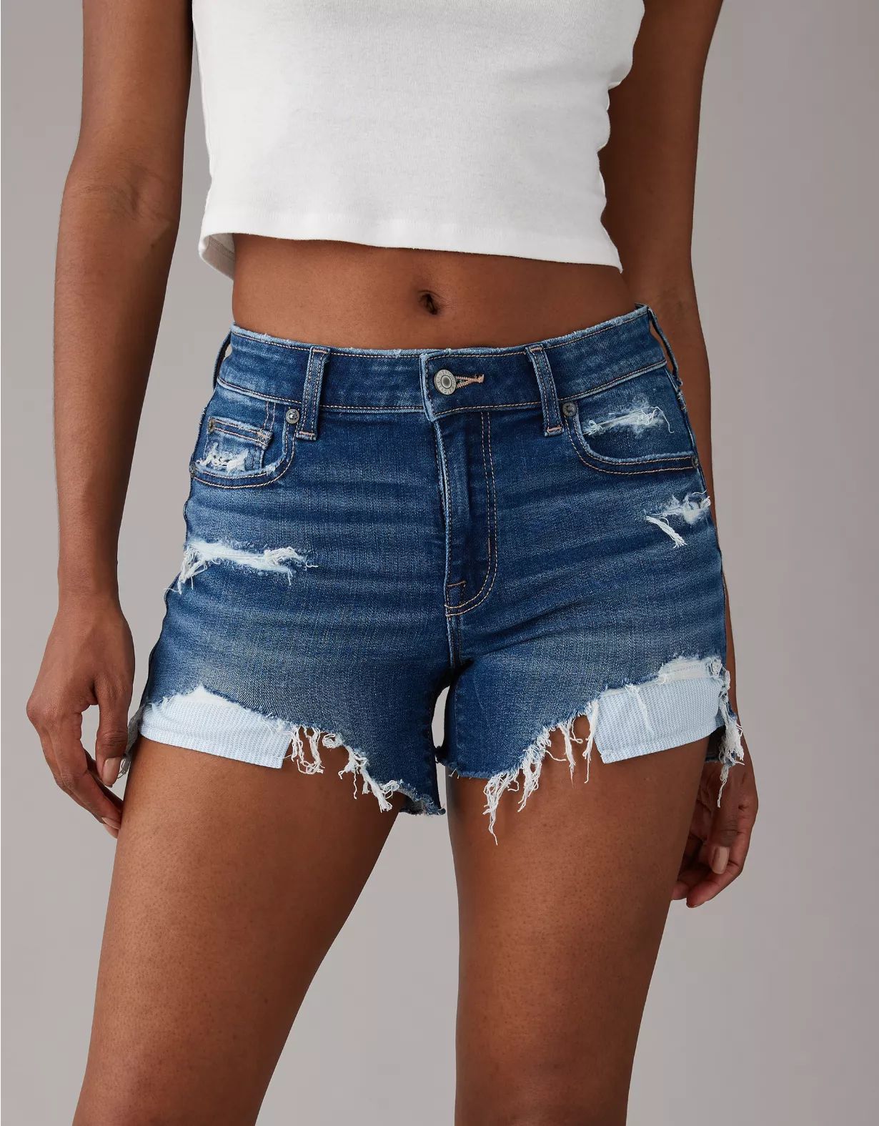 AE Next Level Ripped Denim Midi Short | American Eagle Outfitters (US & CA)