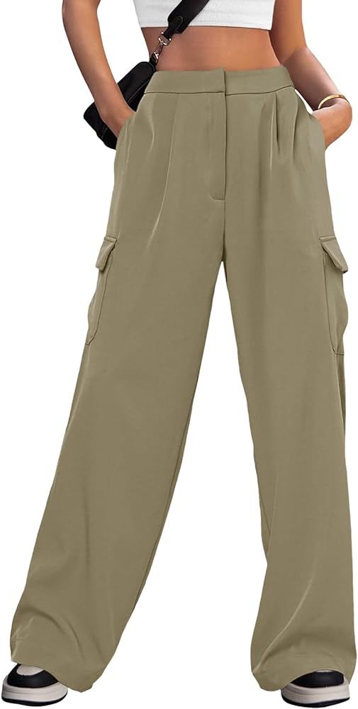 MEROKEETY Women's Wide Leg High Waisted Cargo Pants Work Business Casual Straight Dress Pants wit... | Amazon (US)