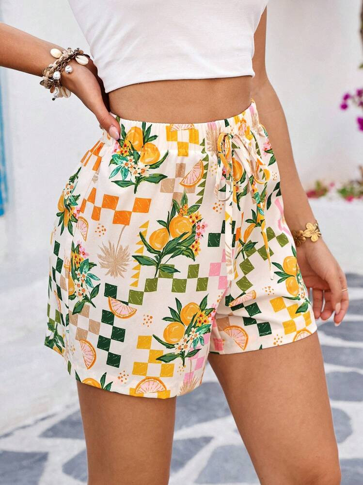 Vivid Eden Vacation Multi-Color Lemon Graphic Printed Loose Elastic Waist Drawstring Shorts,Summe... | SHEIN