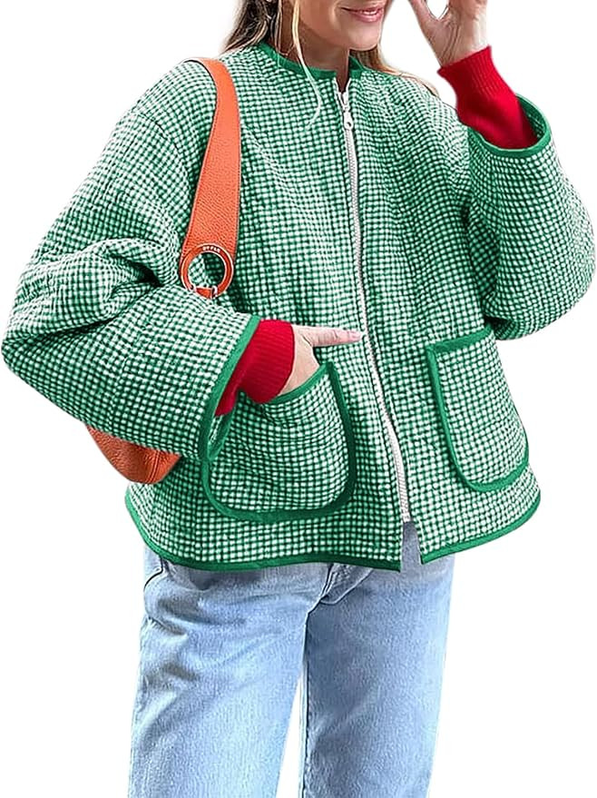 Yousify Womens Jackets Fall Fashion 2025 Crew Neck Quilted Plaid Jacket Full Zipper Coats S-2XL | Amazon (US)