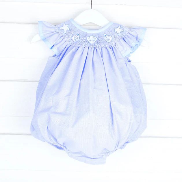 Seashell Smocked Light Blue Micro Gingham Bubble | Classic Whimsy