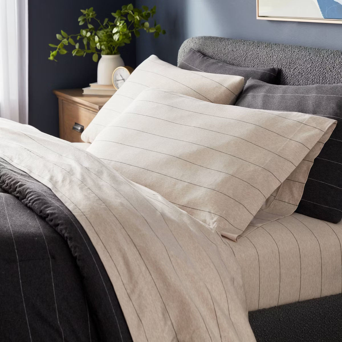 Queen Cotton Jersey Sheet Set Oatmeal Heather Striped - Threshold™: Knitted, Includes 4 Pieces,... | Target