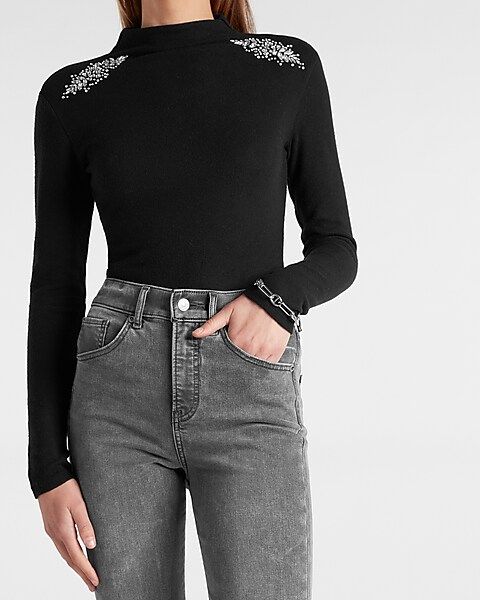 Embellished Shoulder Mock Neck Tee | Express