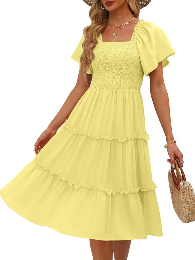 LILLUSORY Women's 2023 Summer Casual Flowy Dresses Short Sleeve Square Neck Smocked Tiered Midi D... | Amazon (US)