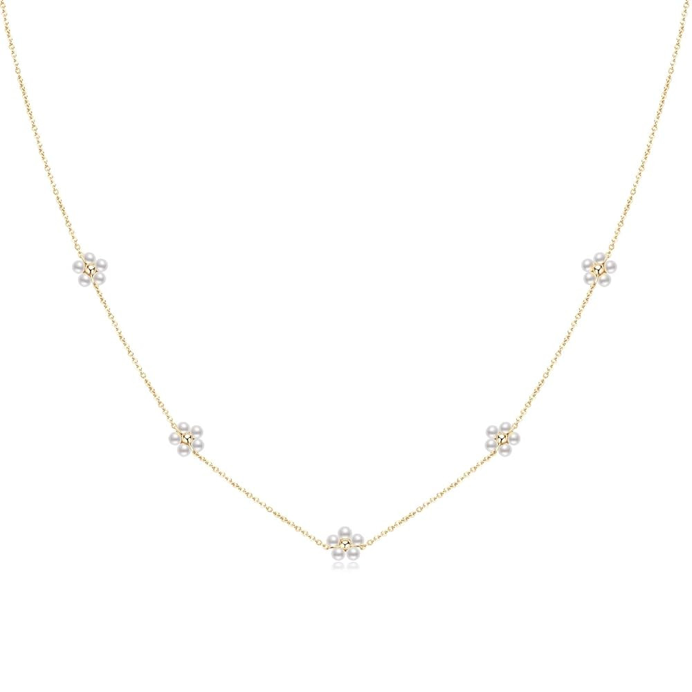 Pearl Necklace for Women 14K Gold Plated Sterling Silver Dainty Daisy Pearl Choker Handmade Charm... | Amazon (US)