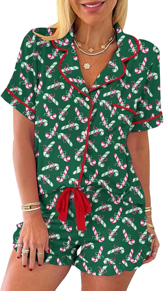 KevaMolly Womens Christmas Lounge Sets Candy Cane Print Pocketed Knotted PJ Set Short Sleeve Xmas... | Amazon (US)