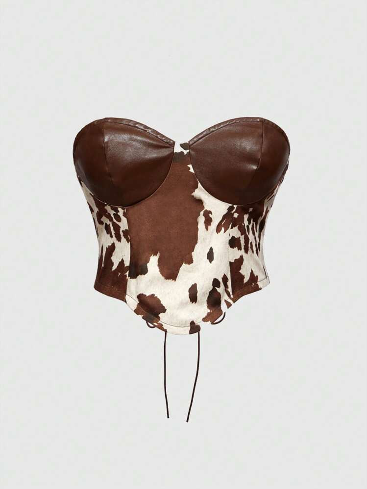 ROMWE Hippie Vintage Western Wild Girl Cow Print Patchwork PU Women Blouse | SHEIN