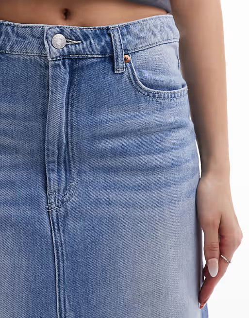 Monki midaxi denim skirt with front split in tinted blue wash | ASOS (Global)