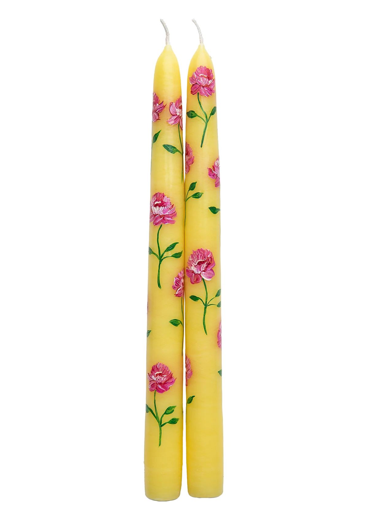Yellow and Pink Peony Hand-Painted Taper Candles, Set of Two | Over The Moon