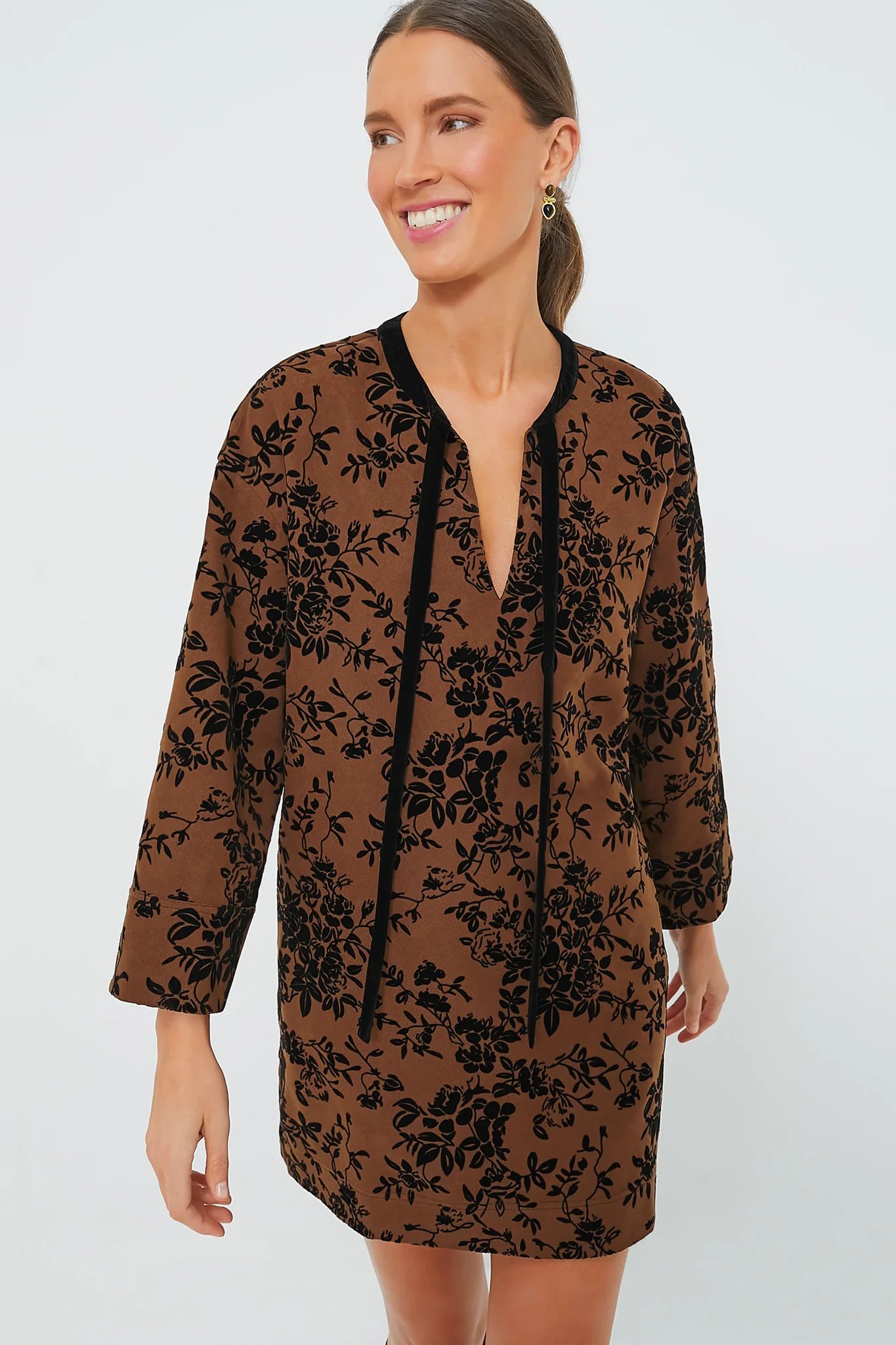 Brown &amp; Black Burnout Floral Elma Mini Dress | Tuckernuck (US)