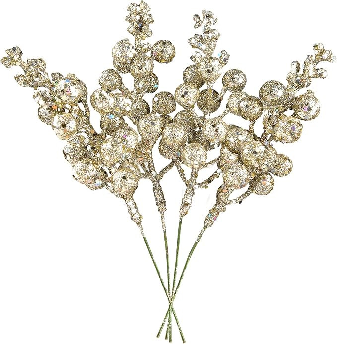 DearHouse 14 Pack Christmas Glitter Berries Stems, 7.7 Inch Champagne Artificial Christmas Picks ... | Amazon (US)