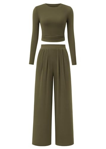 KIRUNDO Women 2 Piece Loungewear Set Lightweight Soft Long Sleeve Crop Top Wide Leg Palazzo Pants Casual Travel Outfit, Army Green, X-Large | Amazon (US)