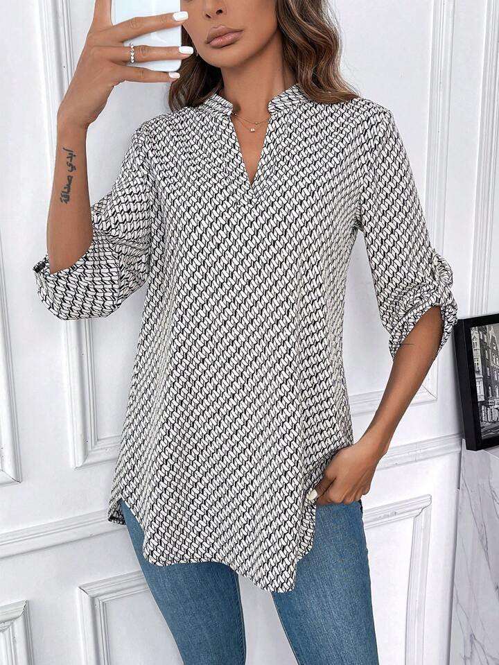 SHEIN LUNE Printed Notched Collar Turn-up Cuff Shirt | SHEIN