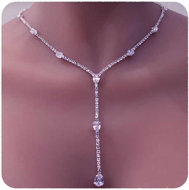 YERTTER Silver Sparkly Full Rhinestone Chain Choker Tassel Necklace Long Crystal Collar Necklace ... | Amazon (US)