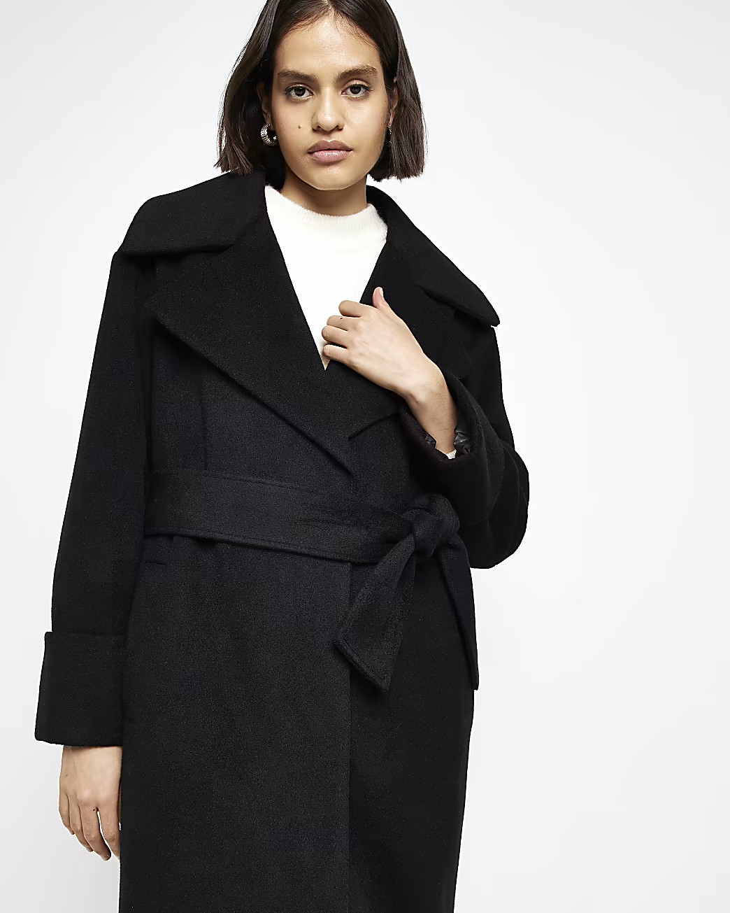 Black belted wrap coat | River Island (UK & IE)