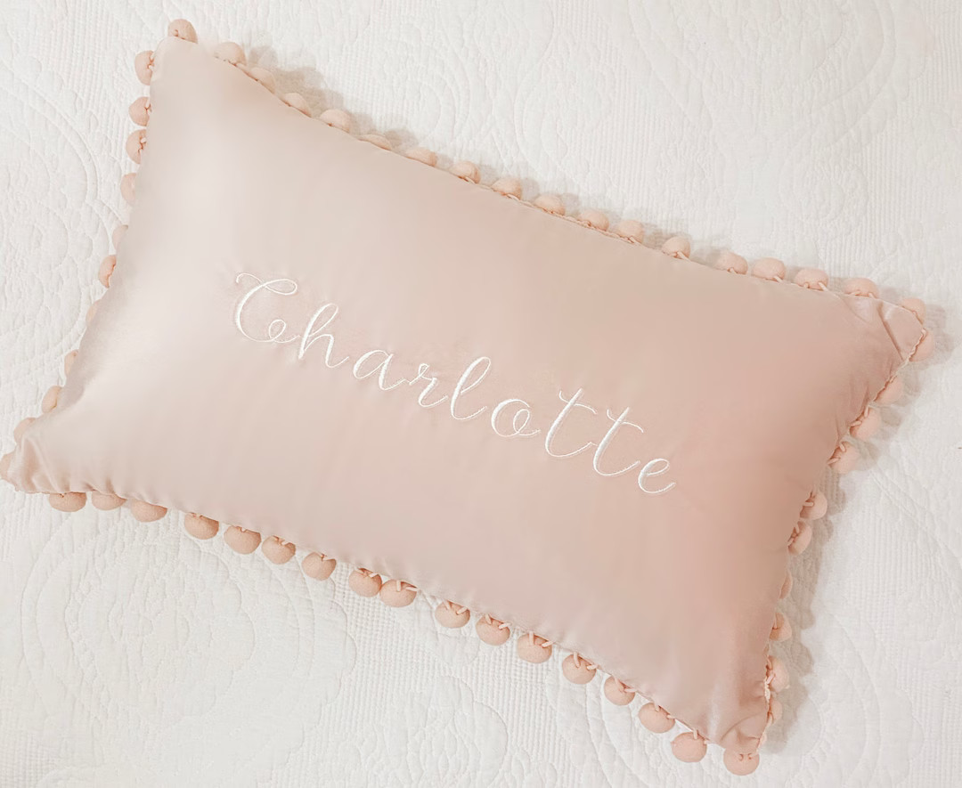 Embroidered Monogrammed Velvet Pom Pom Lumbar Pillow, Home Decor, Dorm, Nursery, Gift - Etsy | Etsy (US)