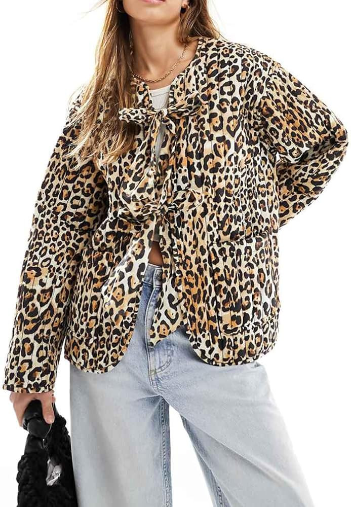 Women's Leopard Quilted Jacket Tie Front Lightweight Puffer Padded Coats with Pockets | Amazon (US)