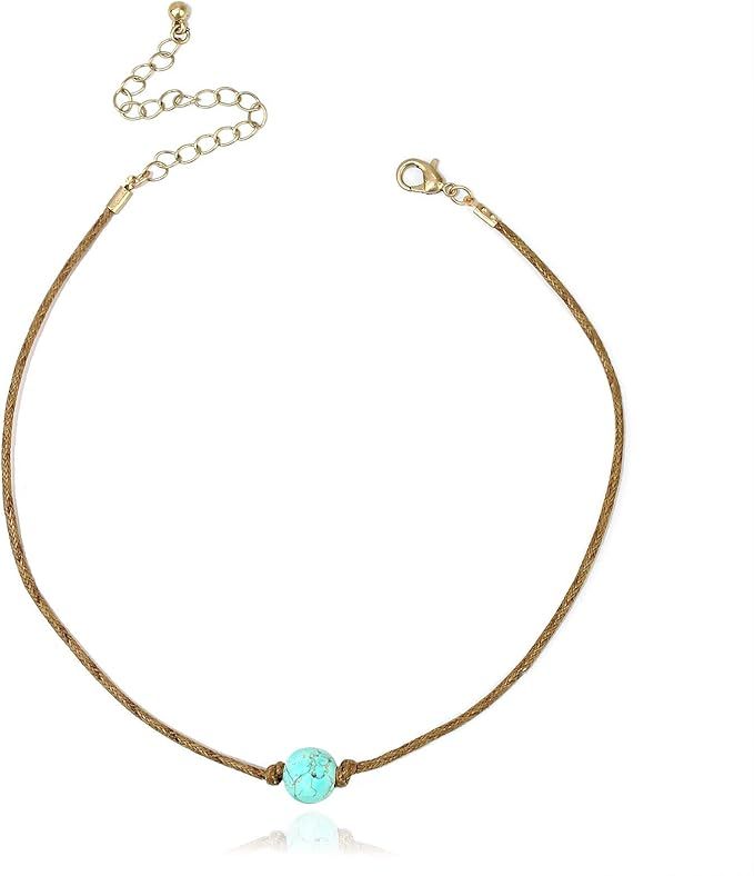 POMINA Handmade Turquoise Stone Choker Cute Leather Cord Choker Necklace for Women Teen Girls, 12... | Amazon (US)