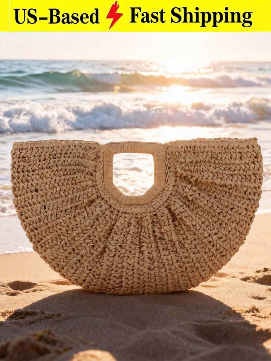 Half-Circle Woven Women's Beach Bag-Handcrafted, Perfect For Vacations And Everyday Use (Khaki). Vintage Bohemian-Style Tote,Niche Fashion Moon-Shaped | SHEIN