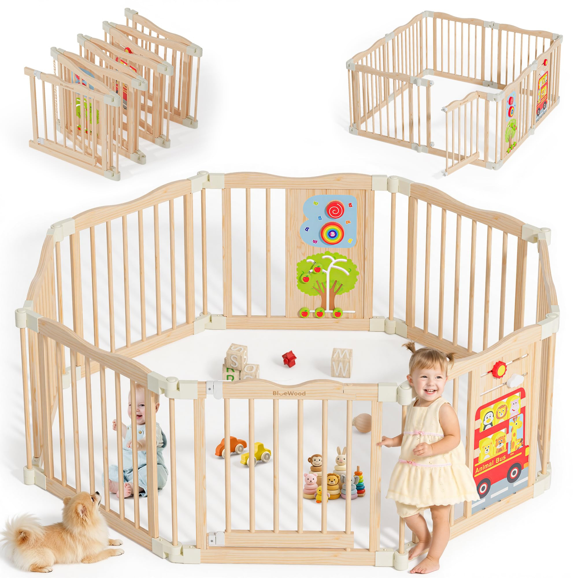Foldable Wooden Playpen - Adjustable Wood Baby Play Yard with Child-Proof Lock, Indoor Large Safe... | Amazon (US)