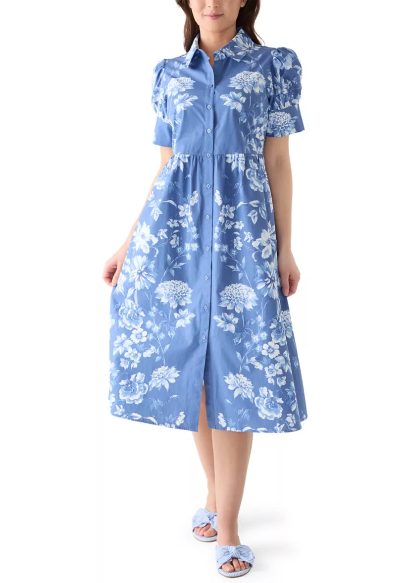 Petite Short Sleeve Button Front Cotton Floral Collared Dress | Belk