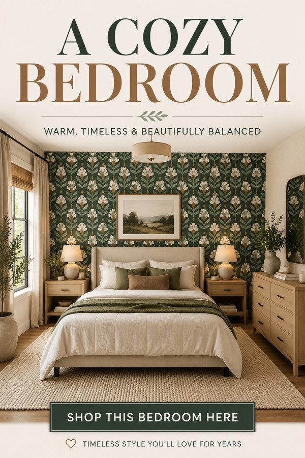 Transform your space with these cozy bedroom ideas featuring beautiful botanical wallpaper, warm neutral bedding, natura