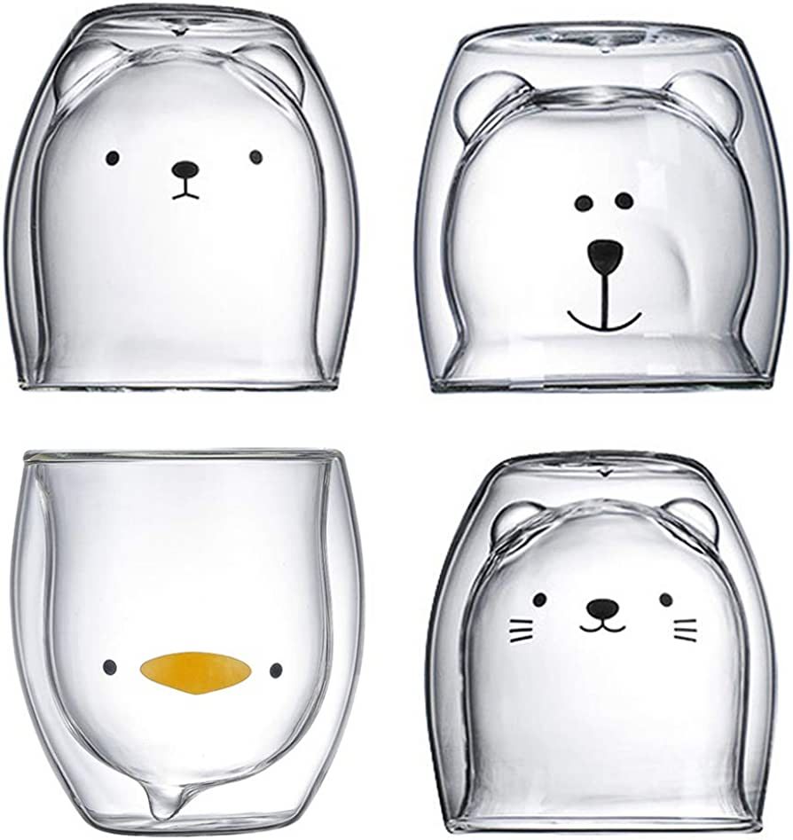 æ— 4 Pack Cute Animals Mugs, Double Wall Insulated Glass Espresso Cup, Tea Cup Milk Cup Coffee... | Amazon (US)