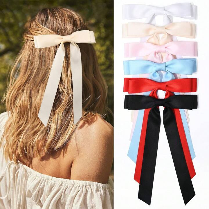 Trends6PCS Hair Bows Hair Clip White Blue Hair Ribbon For Women Silky Satin Tassel Ribbon Hair Ac... | SHEIN