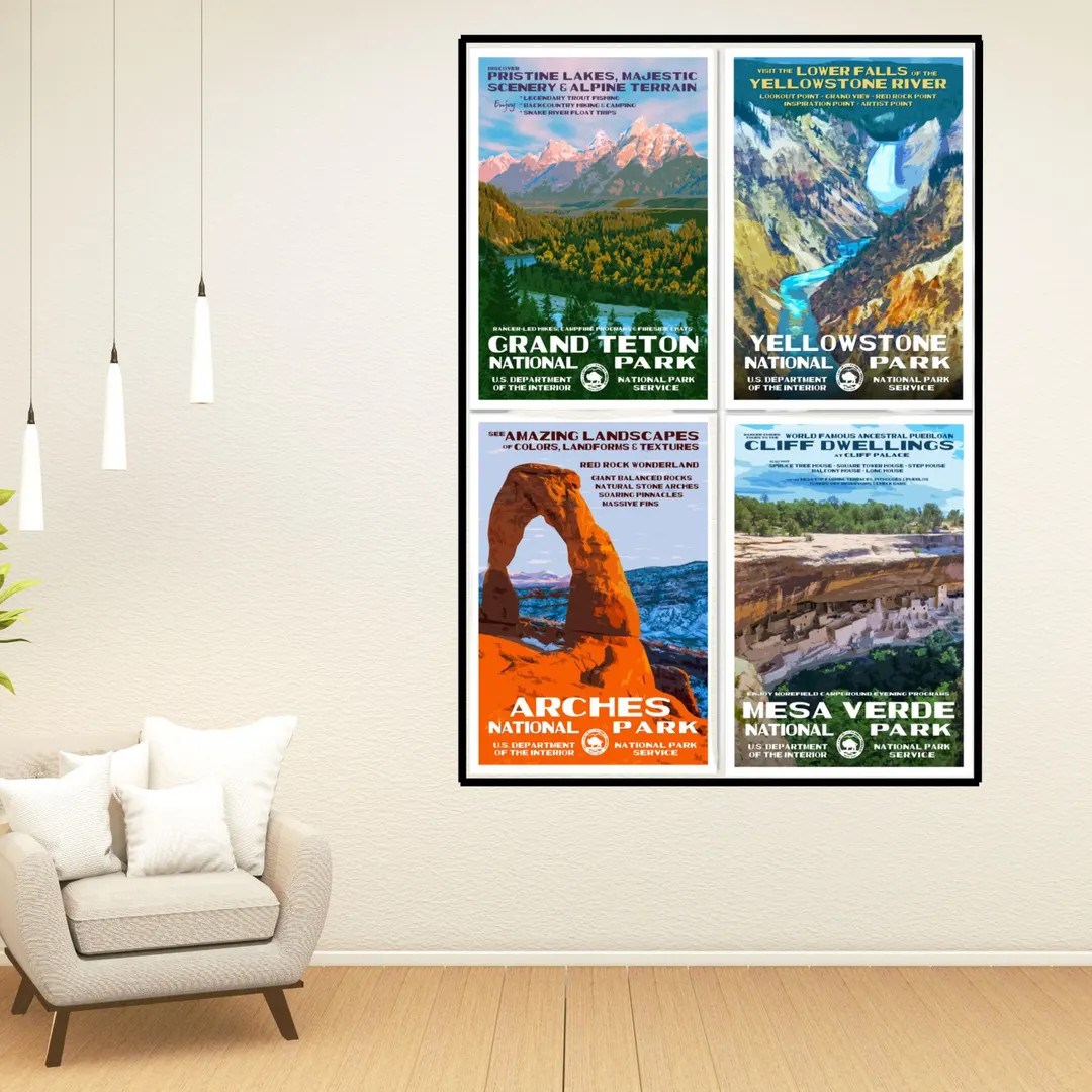 Vintage WPA Style National Park Poster Set of 4, Scenic Landmark Prints Office Accents, Retro Tra... | Etsy (US)