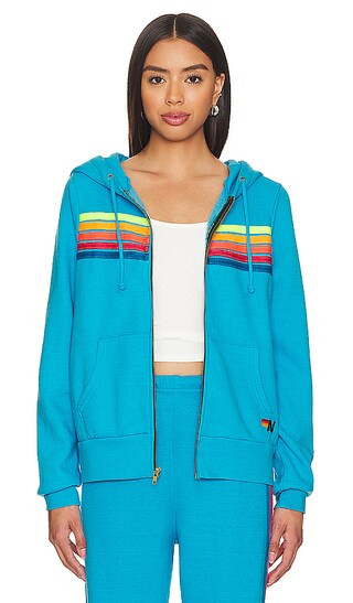 5 Stripe Zip Up Hoodie in Charcoal/pink Green | Revolve Clothing (Global)