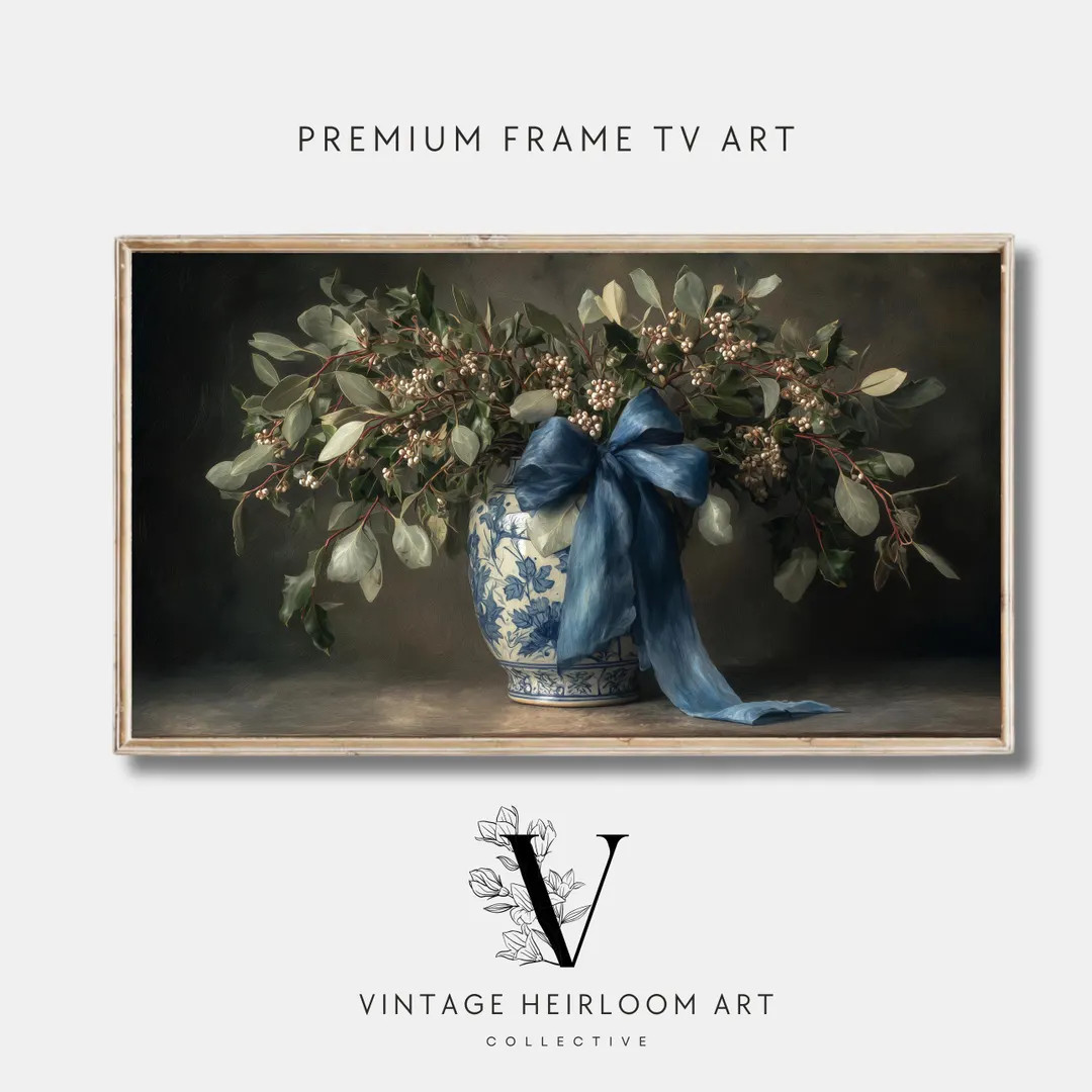 Chinoiserie Christmas Ribbon Vase Frame TV Art, Winter Botanical Painting, Vintage Still Life Mis... | Etsy (US)