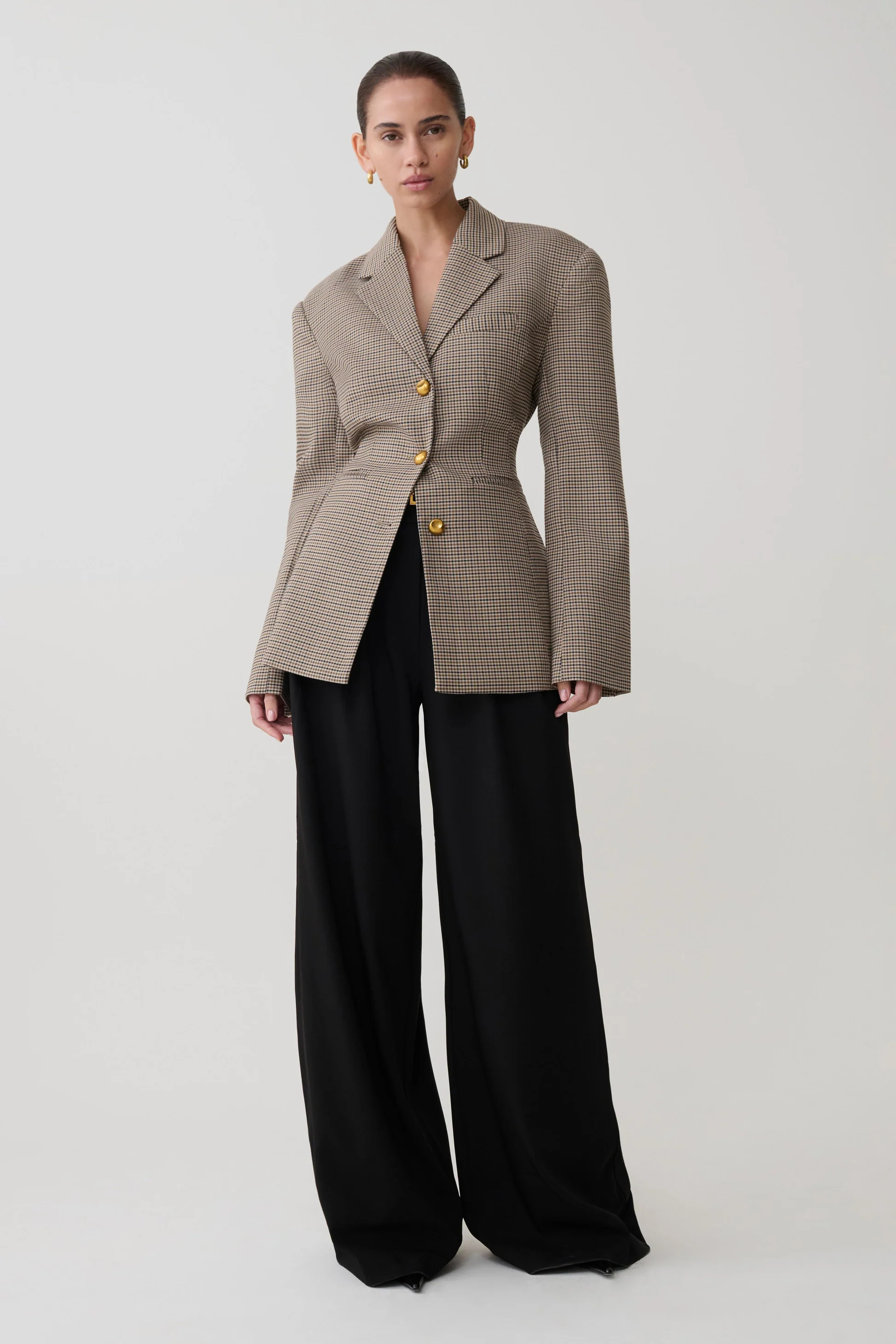 Mila Shaped Blazer - Tan Check | MESHKI US