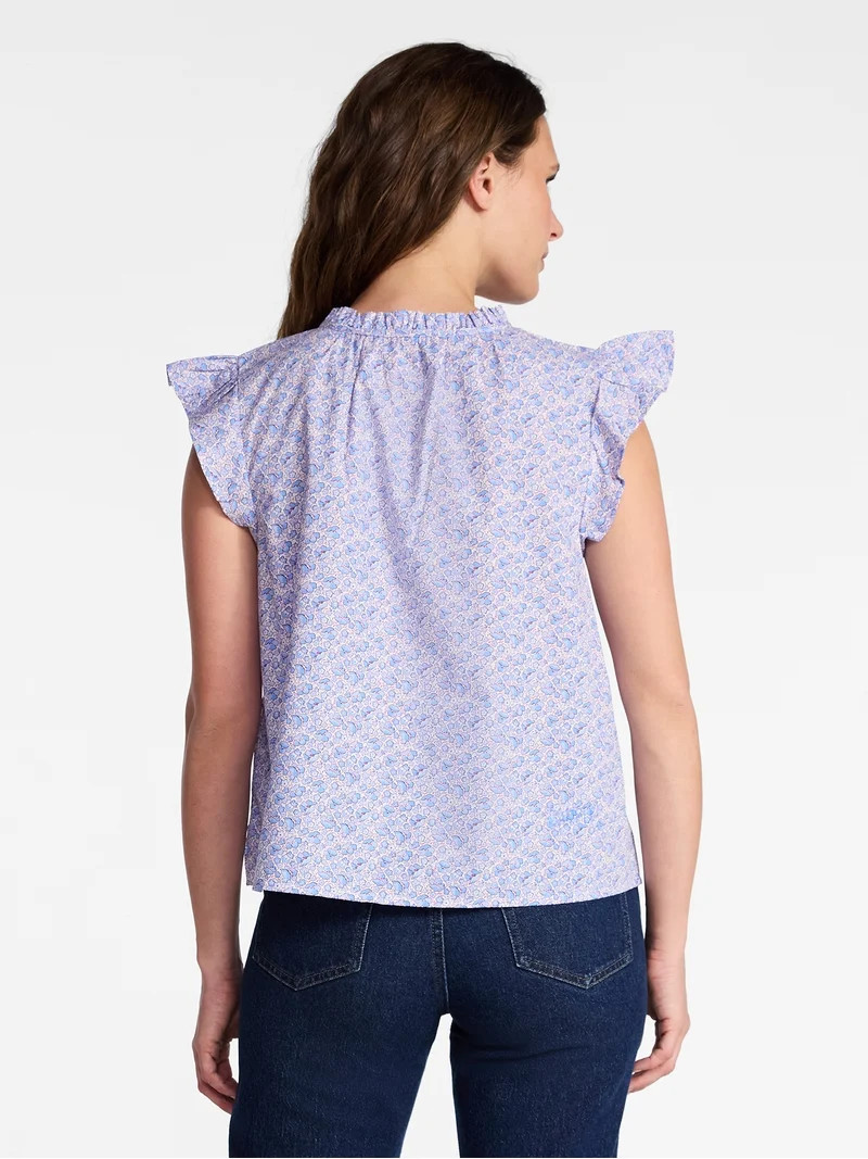 Time and Tru Women's Cotton Split Neck Top with Flutter Sleeves, Sizes XS-XXXL | Walmart (US)