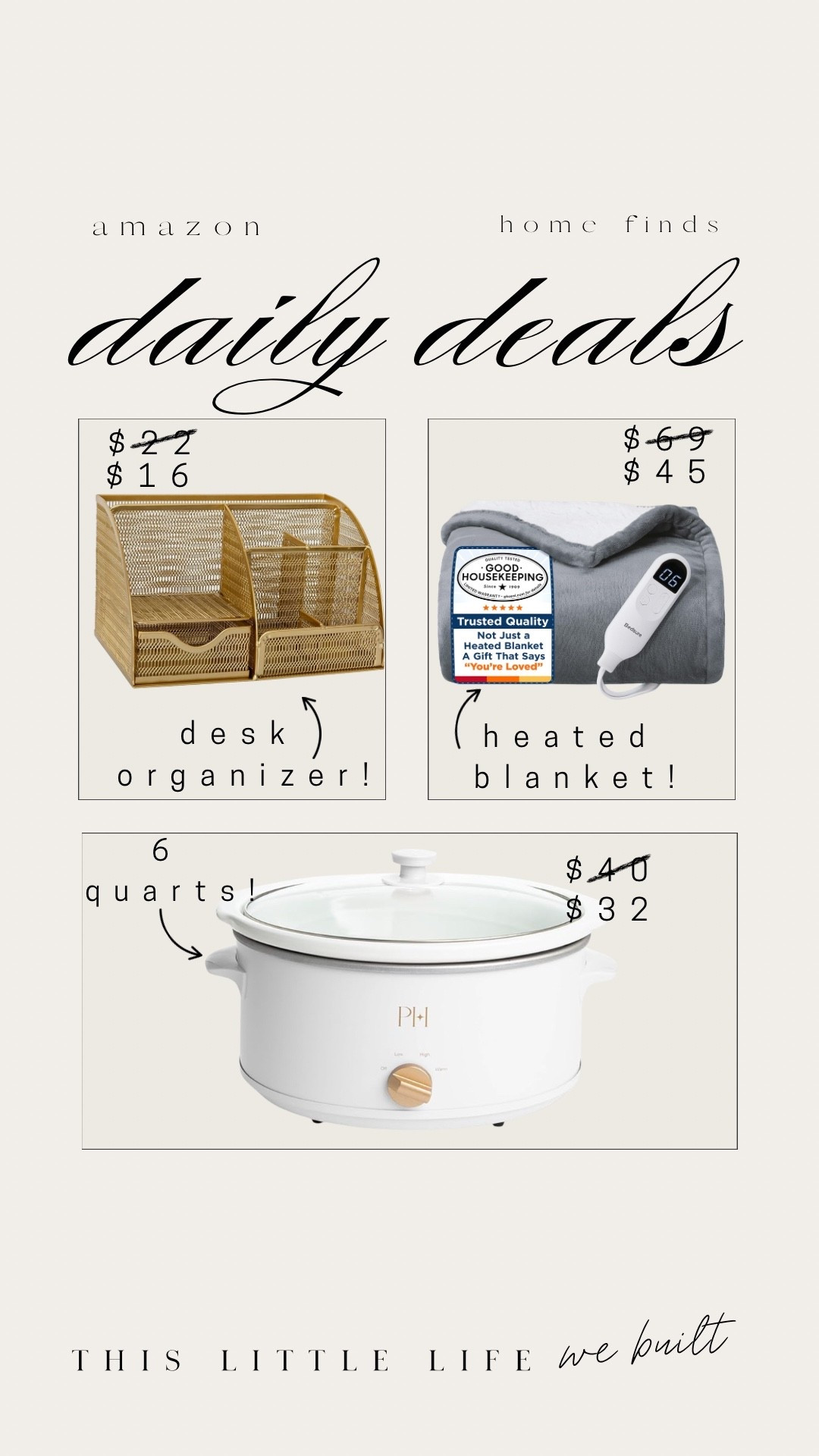 Amazon daily deals! 


Desk organization, crock pot, heated blankett

#LTKSeasonal #LTKSaleAlert #LTKHome