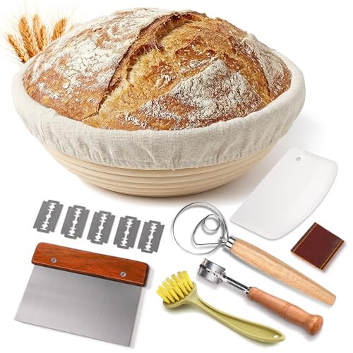 7-Piece 9 Inch Round Proofing Basket, Complete Sourdough Starter Kit with Linen Liner & Tools, Sourdough Bread Baking Supplies & Making Accessories Gift Set - Send Goods from Local Warehouse (1 Pack) | Amazon (US)